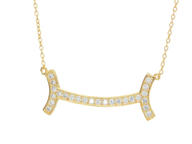 Fine Gold Plated Sterling Silver Diamond Studded Curved Smile Bar Necklace For Women,16-18 In.