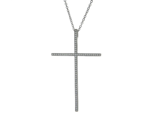 Designer Black Rhodium-plated Sterling Silver Zirconia Thin Cross Pendant, 16 In. Plus 2 In. Extension