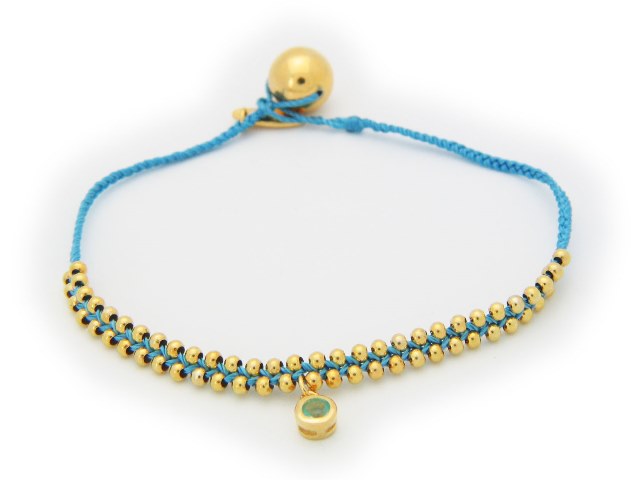 Silver Gold Plated Beads Blue Cord March Bracelet Aquamarine Cz Birthstone Hanging, 6 In.
