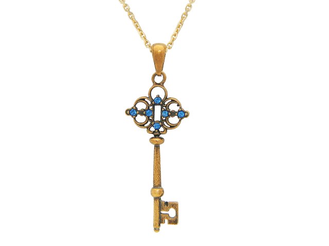 Antique Sterling Silver Gold Plated Zirconia Key Charm Pendant On 18 In. Iron-pyrite Necklace