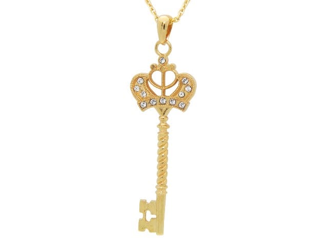 Silver Gold Plated Cz Victorian Key Pendant Necklace, 32 In. Adjustable Size