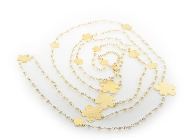 Long 18k Gold Plated Sterling Silver Flower & Freshwater Pearls Necklace, 60 Plus 2 In.