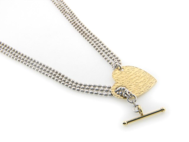 925 Sterling Silver Large Hammered Golden Heart Pull Through Lock Pendant Necklace, 21 In.