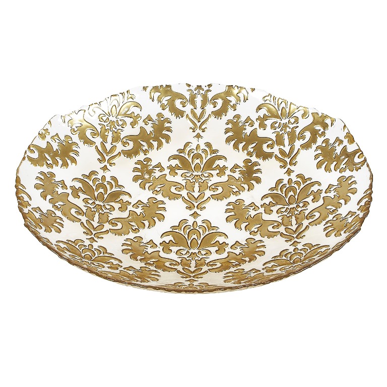 Damask 16 In. Gold Clear Shallow Bowl