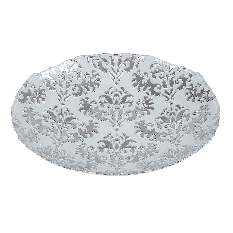 Damask 16 In. White Silver Shallow Bowl