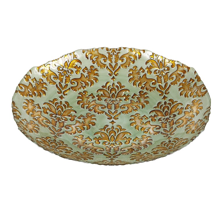 Damask 16 In. Turquoise Gold Shallow Bowl