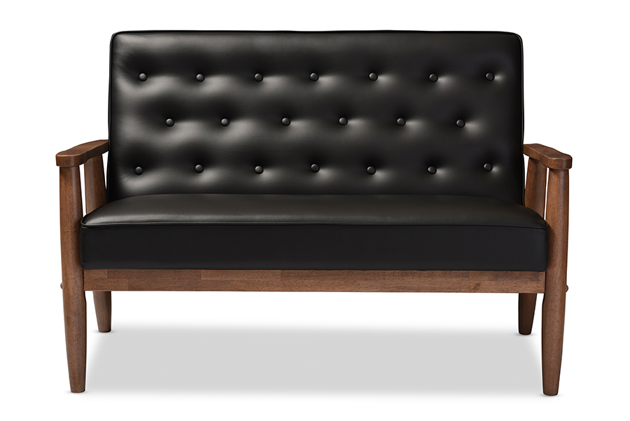 Bbt8013-black Loveseat Sorrento Mid-century Retro Modern Black Faux Leather Upholstered Wooden 2 Seater Loveseat - 32.96 X 48.95 X 29.45 In.
