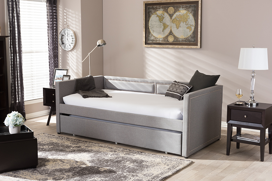 Raymond Modern & Contemporary Grey Fabric Nail Heads Trimmed Sofa Twin Day Bed With Roll-out Trundle Guest Bed - 30.03 X 42.12 X 83.27 In.