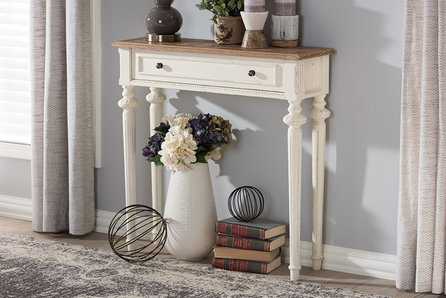 Prl16vmar-m Marquetterie French Provincial Style Weathered Oak & White Wash Distressed Wood Two-tone Console Table - 31.5 X 31.5 X 9.84 In.