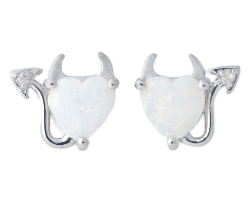 925 Sterling Silver Rhodium Finish Genuine Opal & Diamond Devil Heart Stud Earrings