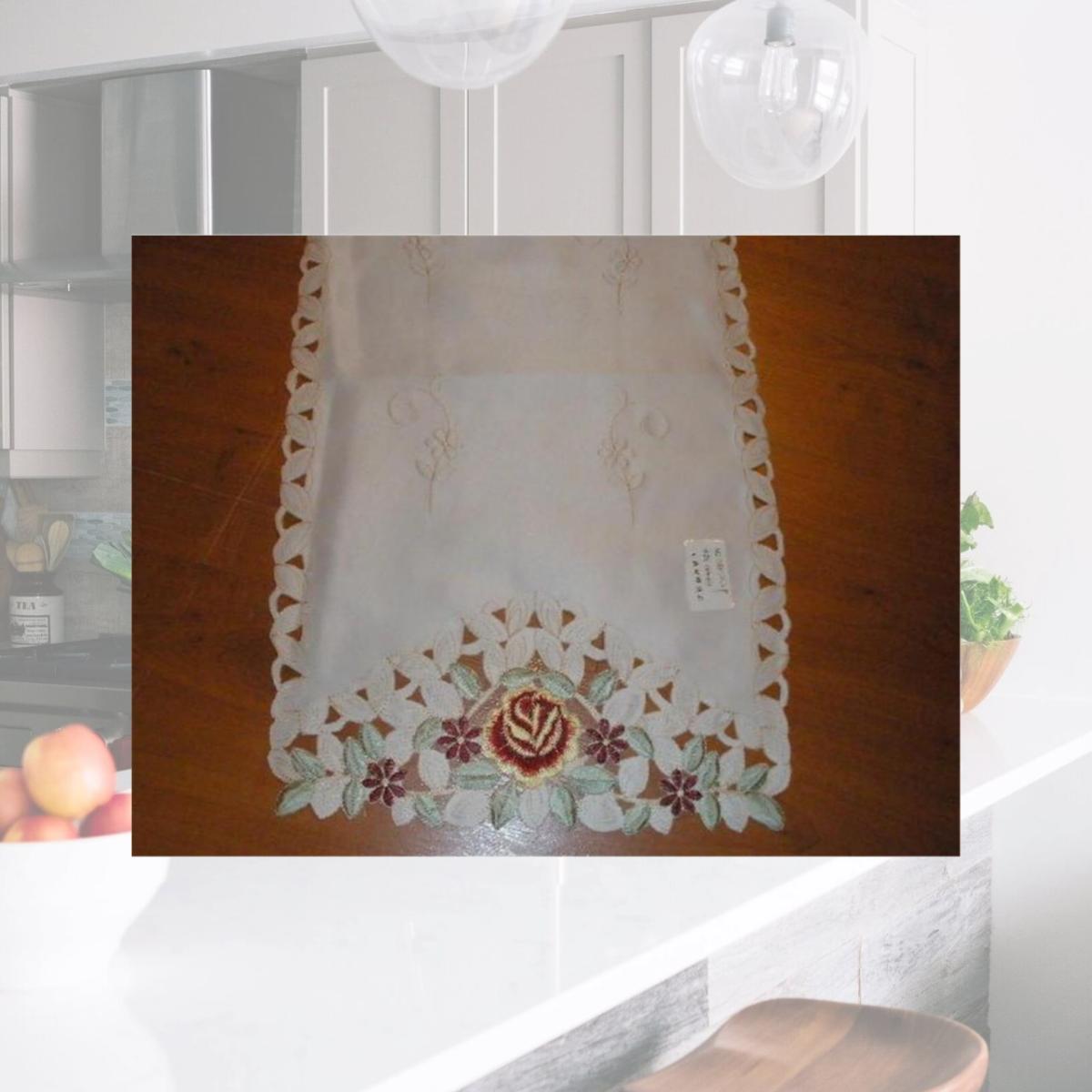 Picture of Tapestry Trading mh10109-1472 14 x 72 in. Embroidered Burgundy Rose And Lacy Cutwork Table Runner- Ivory
