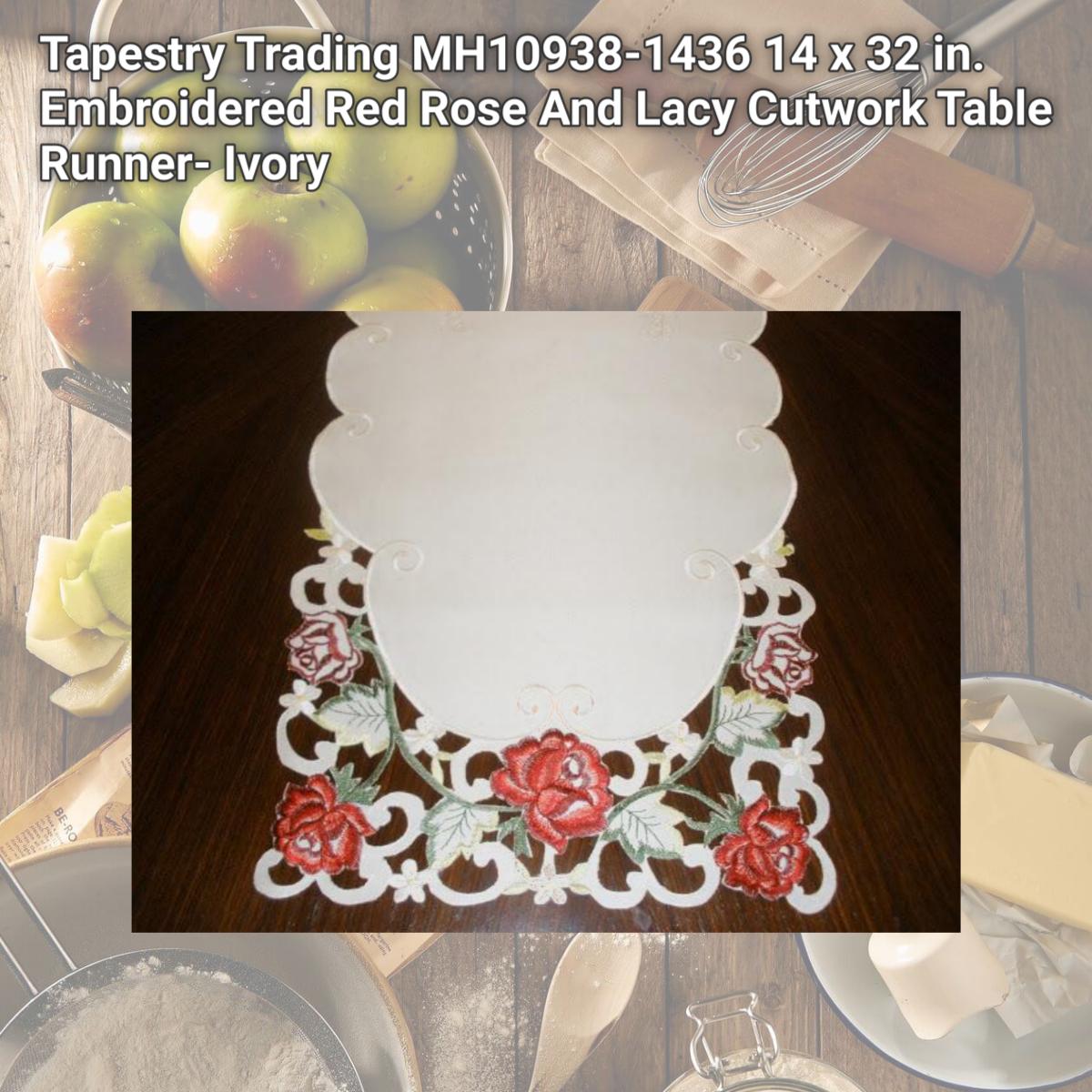 Picture of Tapestry Trading MH10938-1436 14 x 32 in. Embroidered Red Rose And Lacy Cutwork Table Runner- Ivory