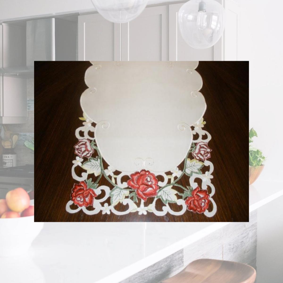 Picture of Tapestry Trading MH10938-1436 14 x 32 in. Embroidered Red Rose And Lacy Cutwork Table Runner- Ivory