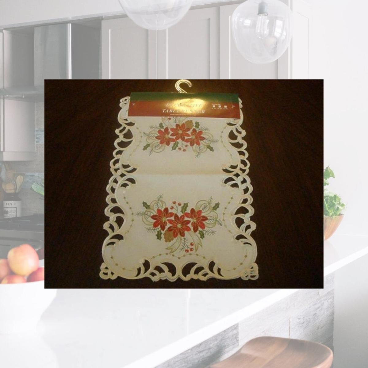 Picture of Tapestry Trading 05HZ4080-1472 14 x 72 in. Embroidered Christmas Poinsettia Jacquard Cutwork Table Runner