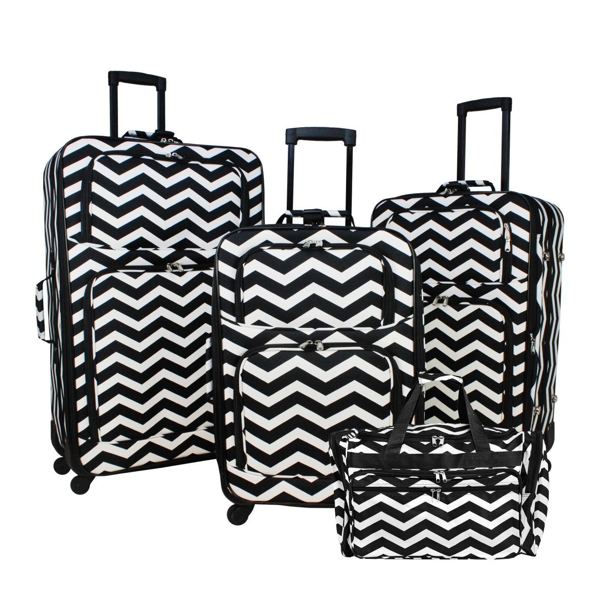 818703-t19-165b-w 4 Piece Rolling Expandable Spinner Luggage Set - Black & White Chevron