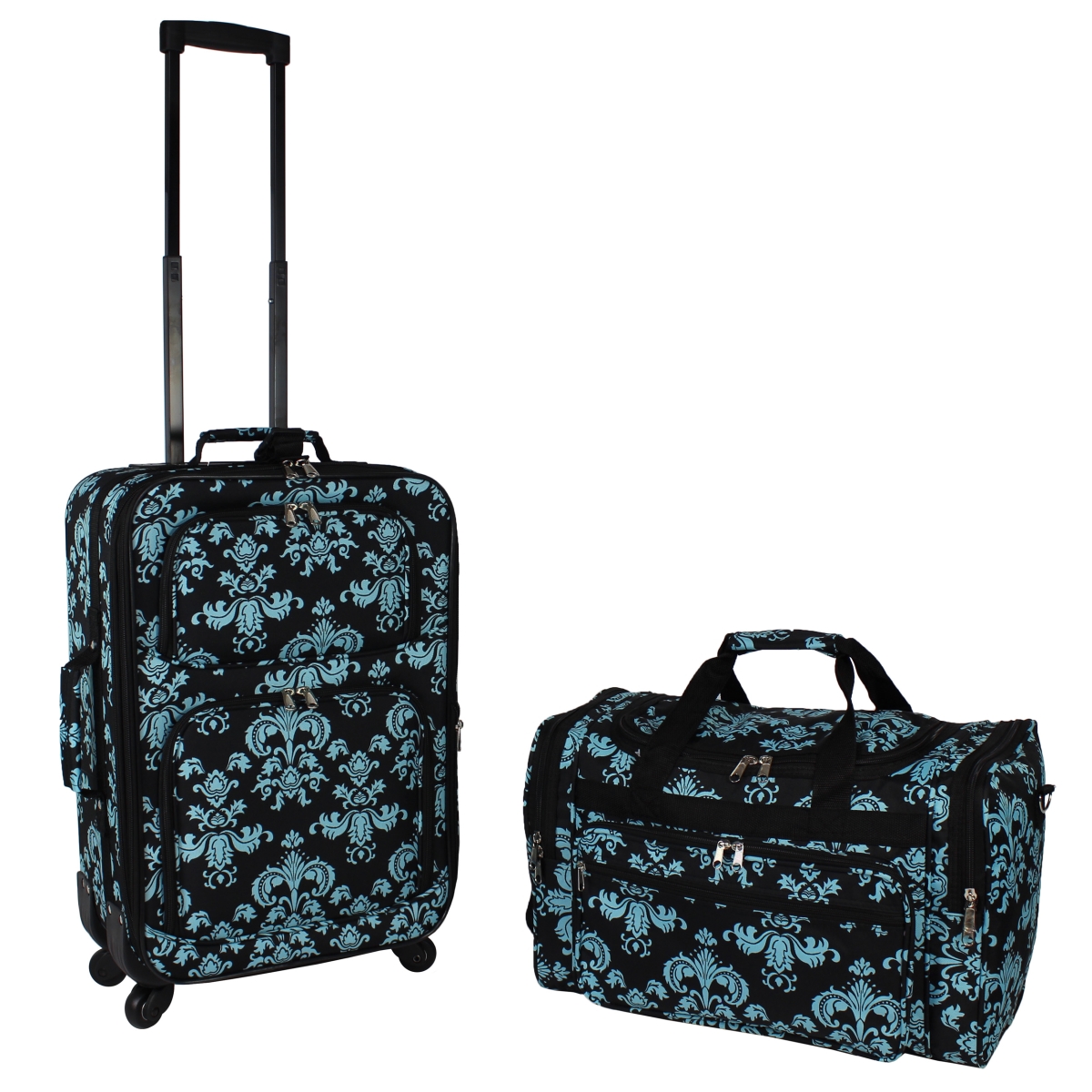 Wt8701-2-633 Carry On Expandable Spinner Luggage Set - Black Blue Damask, 2 Piece