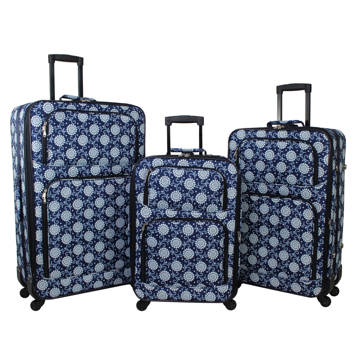 818703-229 Rolling Expandable Spinner Luggage Set - Navy Vines Floral, 3 Piece