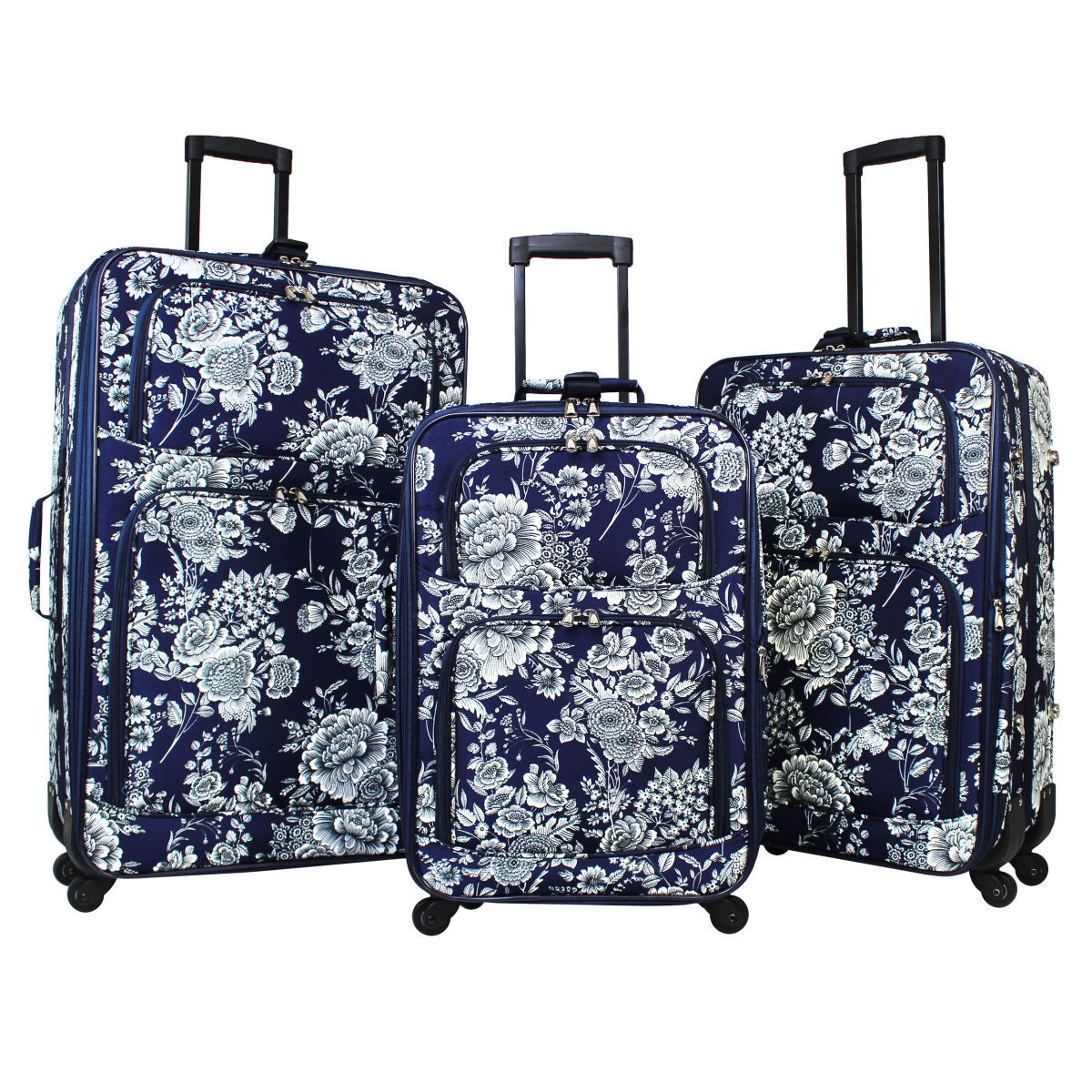 818703-212 3 Piece Expandable Spinner Luggage Set - Navy White Flowers