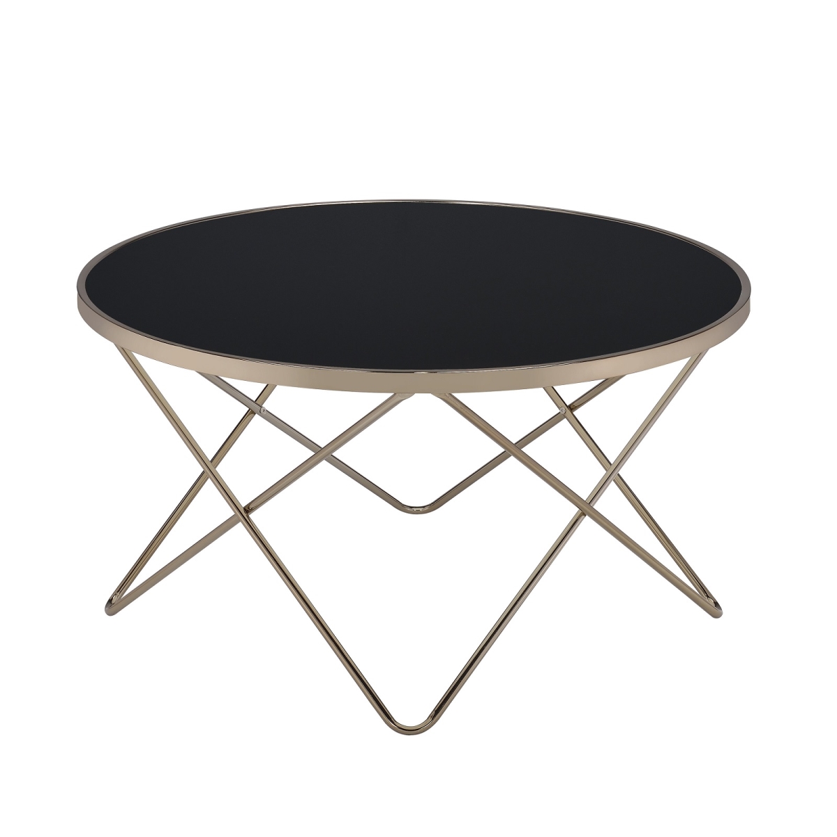 Urban Designs 4703818 V Metal Frame Round Coffee Table, Black Glass - 18 X 34 X 34 In.