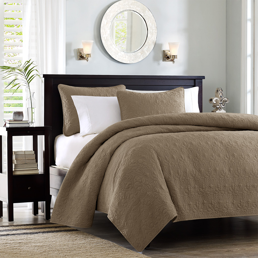 MP13-6487 Mocha 100 Percent Polyester Microfiber Quilted Reversible Coverlet Set, King & California King Size