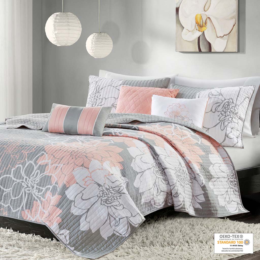 MP13-6834 Grey & Blush 100 Percent Cotton Sateen Printed Coverlet Set, Full & Queen Size - 6 Piece