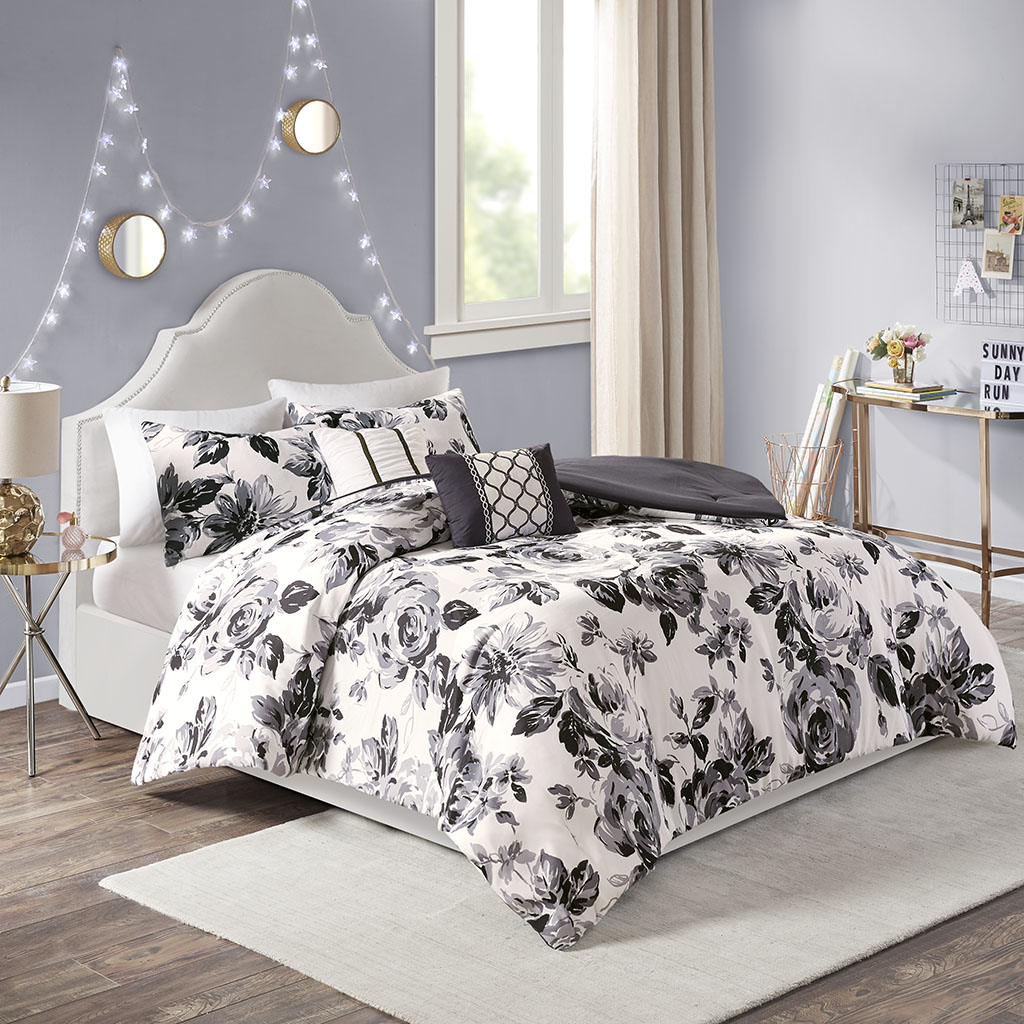 ID10-1591 Black & White 100 Percent Polyester Printed Comforter Set, Full & Queen Size - 5 Piece