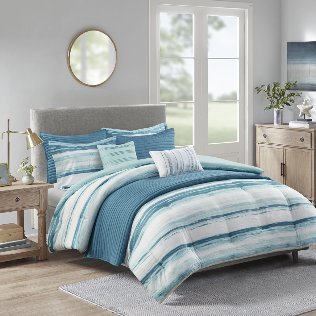 MP10-7947 104 x 92 x 1.5 in. Marina Printed Seersucker Comforter & Quilt Set Collection, Aqua - King & California King Size - 8 Piece