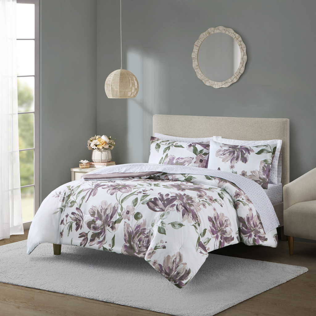 MPE10-1020 90 x 90 x 1.5 in. Alice Floral Comforter Set with Bed Sheets, Mauve - Queen Size
