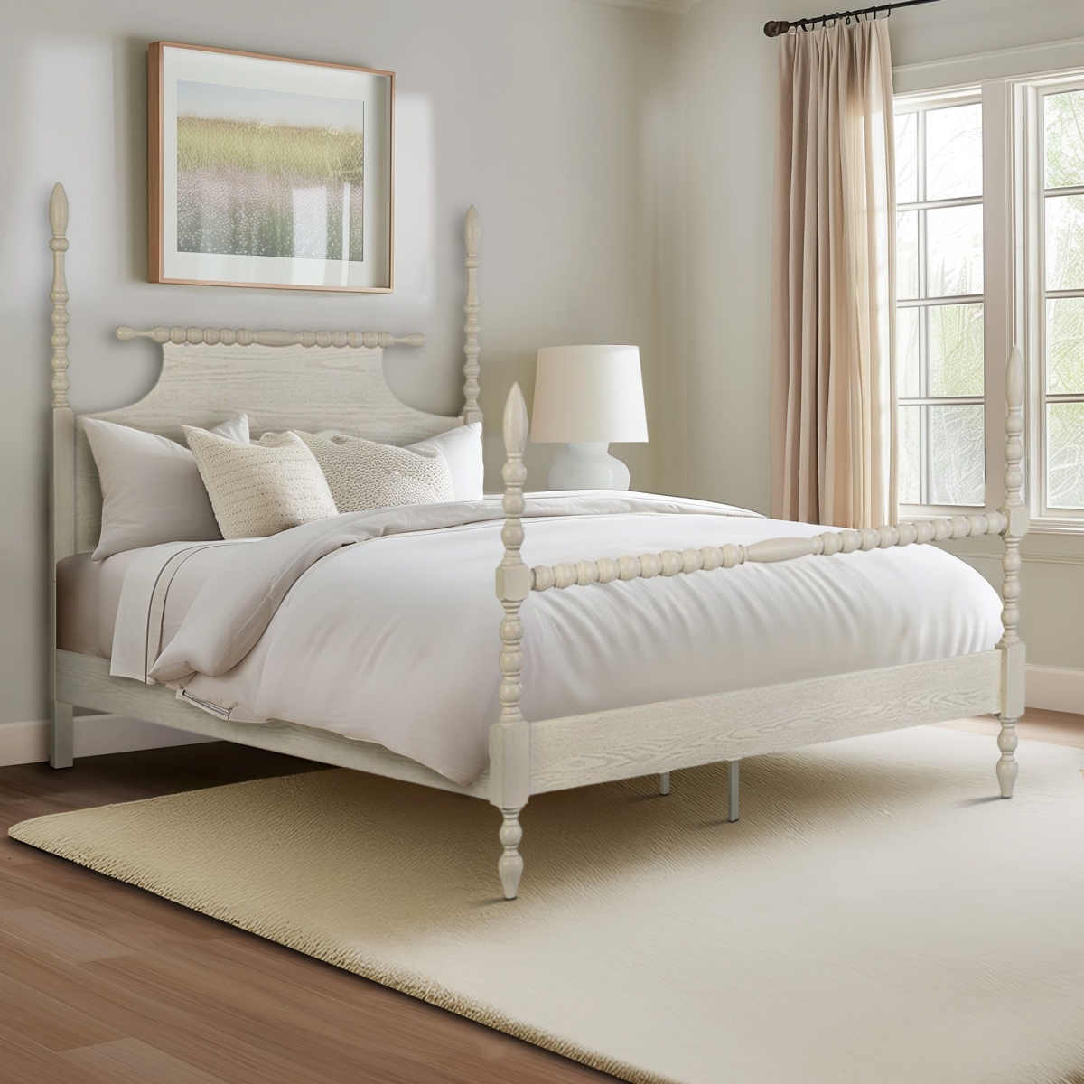 MPS115-0345 82.5 in. x 57 x 68.25 in. Turned Wood Spindle Bed, Antique Cream - Full Size