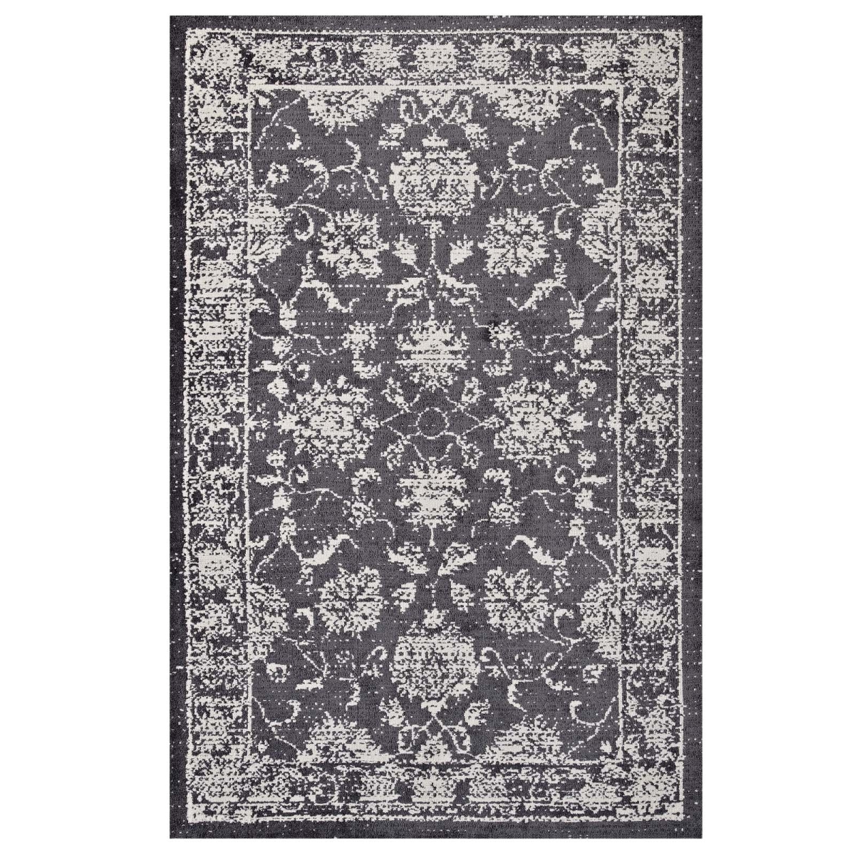 R-1020a-58 5 X 8 Ft. Kazia Distressed Floral Lattice Polyester Area Rug - Dark Gray & Ivory, 0.5 X 60 X 96 In.