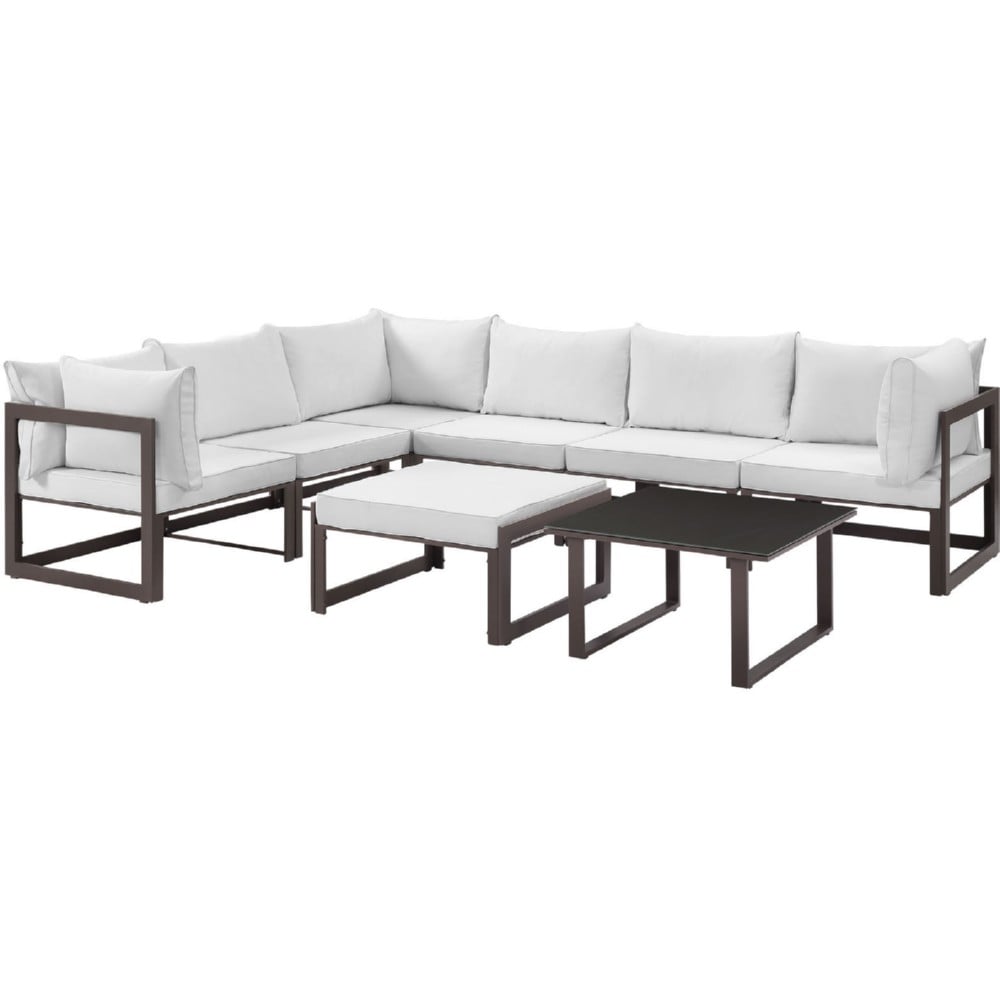 Eastend Eei-1735-brn-whi-set 8 Piece Fortuna Outdoor Patio Sectional Sofa Set, Brown & White Cushions