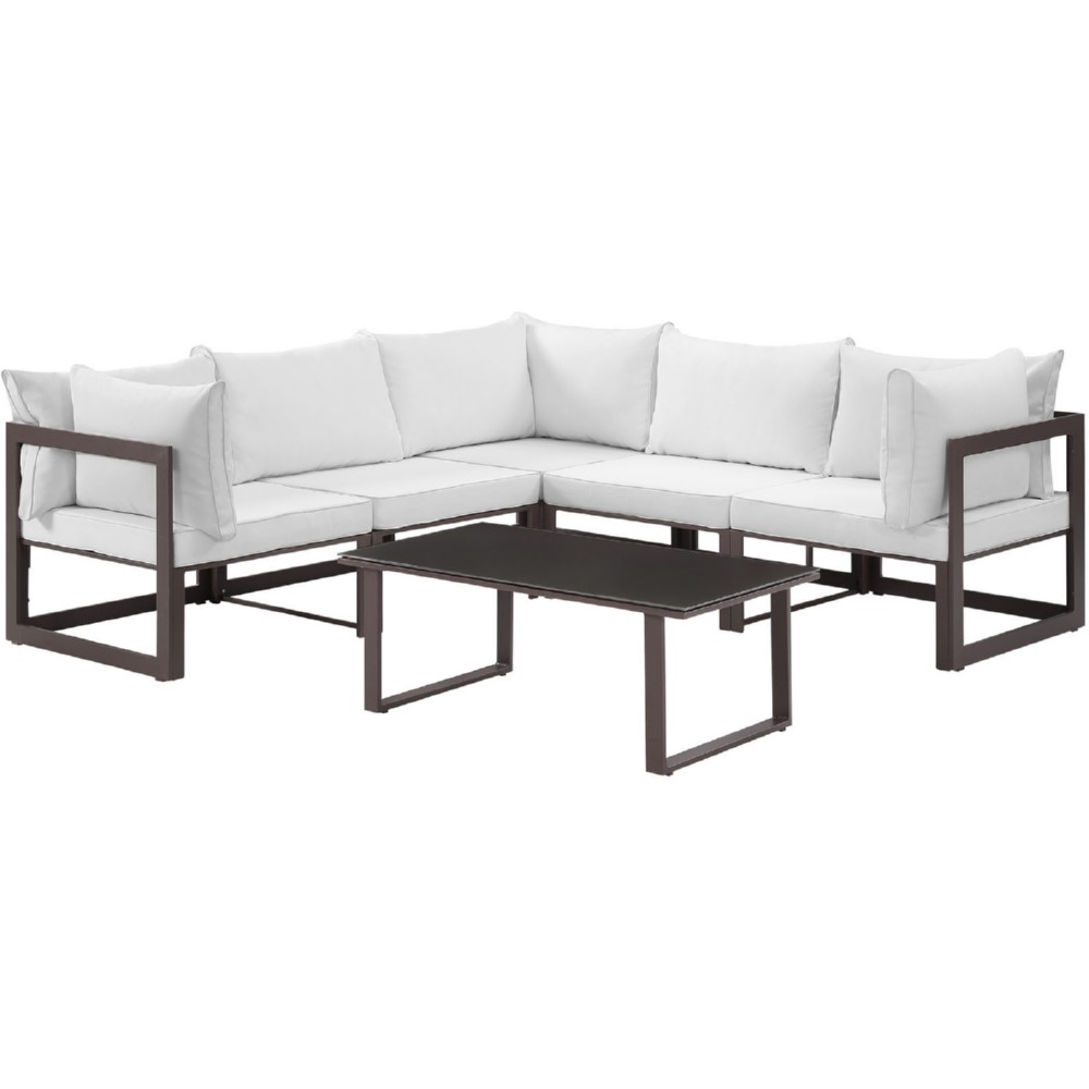 Eastend Eei-1732-brn-whi-set 6 Piece Fortuna Outdoor Patio Sectional Sofa Set, Brown With White Cushions