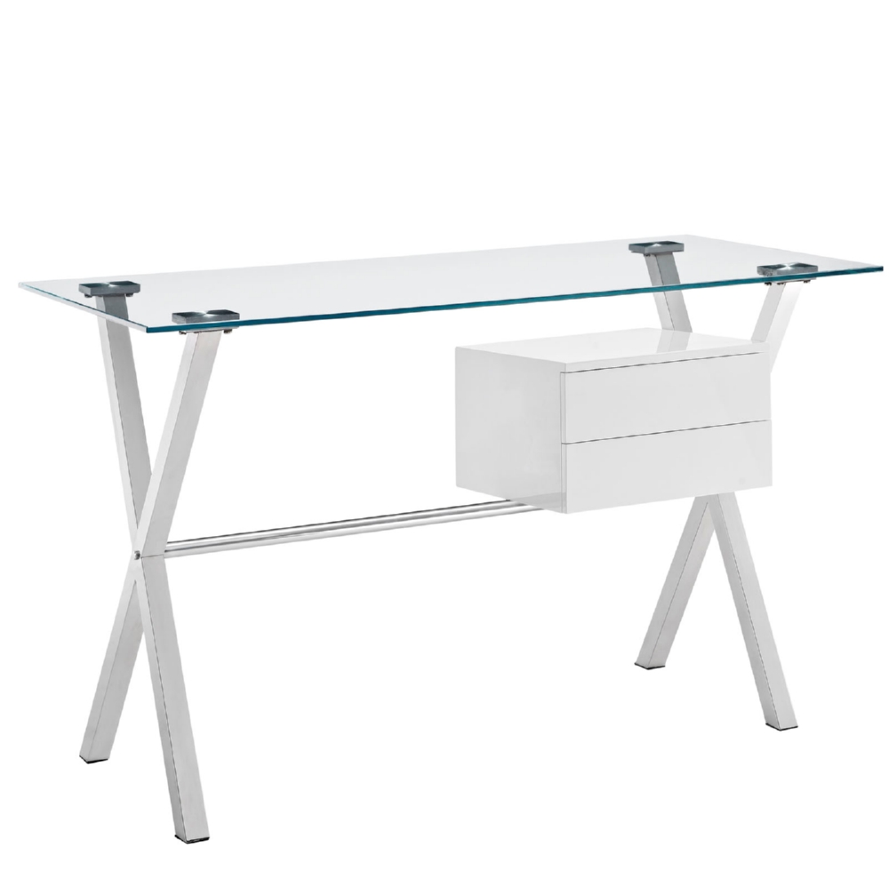 Eastend Eei-1181-whi Stasis Office Desk With Stainless Frame, Gloss White Drawers & Glass Top