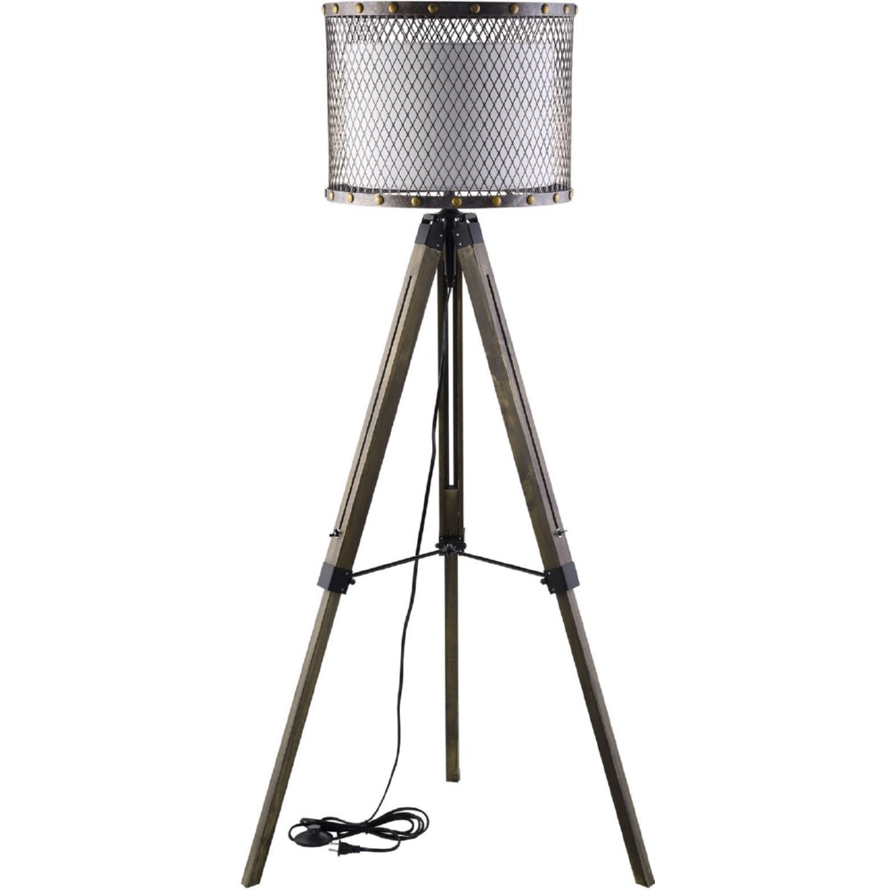 Eastend Eei-1571 Fortune Floor Lamp With Fabric Drum Shade In Steel Mesh On Wood Tripod