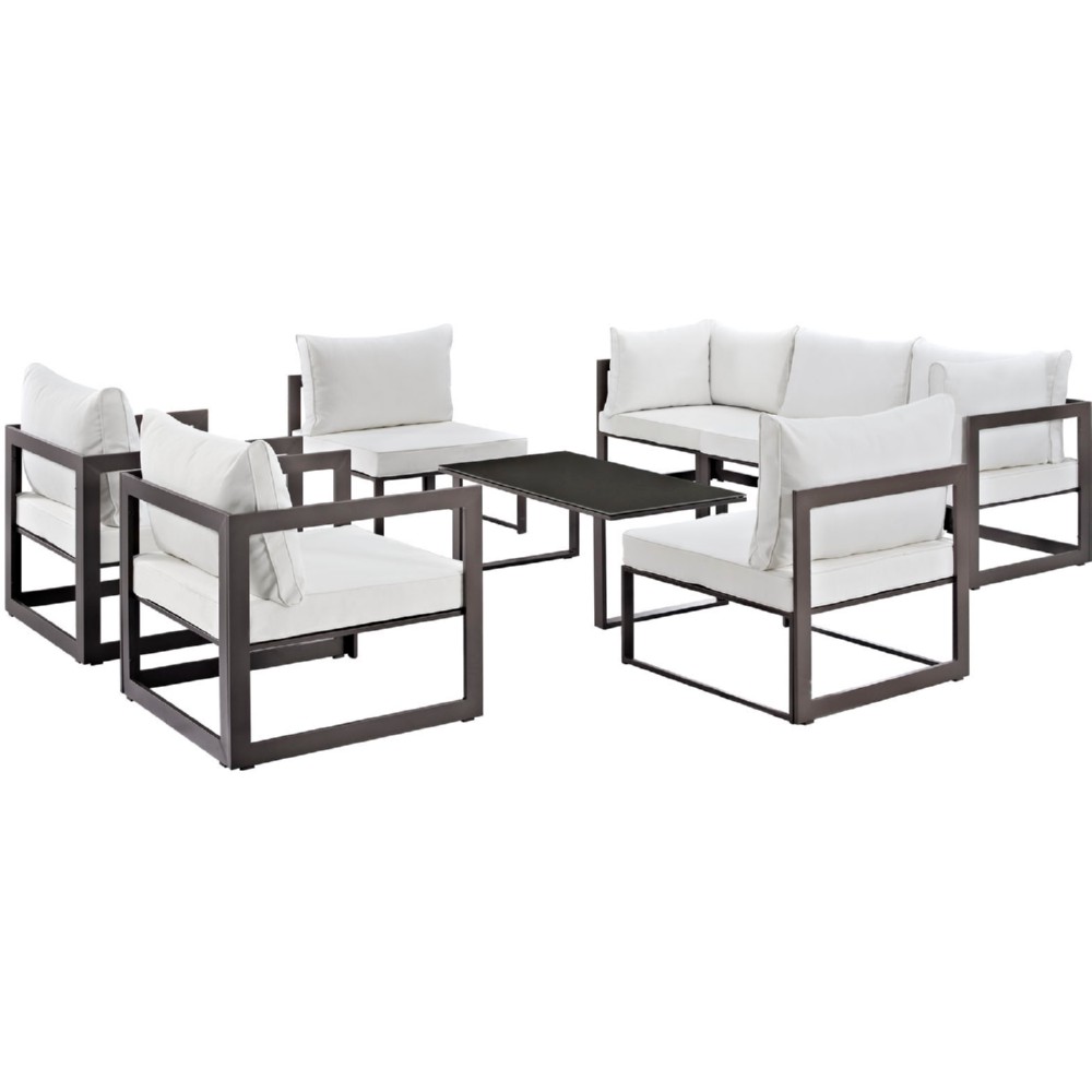Eastend Eei-1725-brn-whi-set 8 Piece Fortuna Outdoor Patio Sectional Sofa Set In Brown With White Cushions
