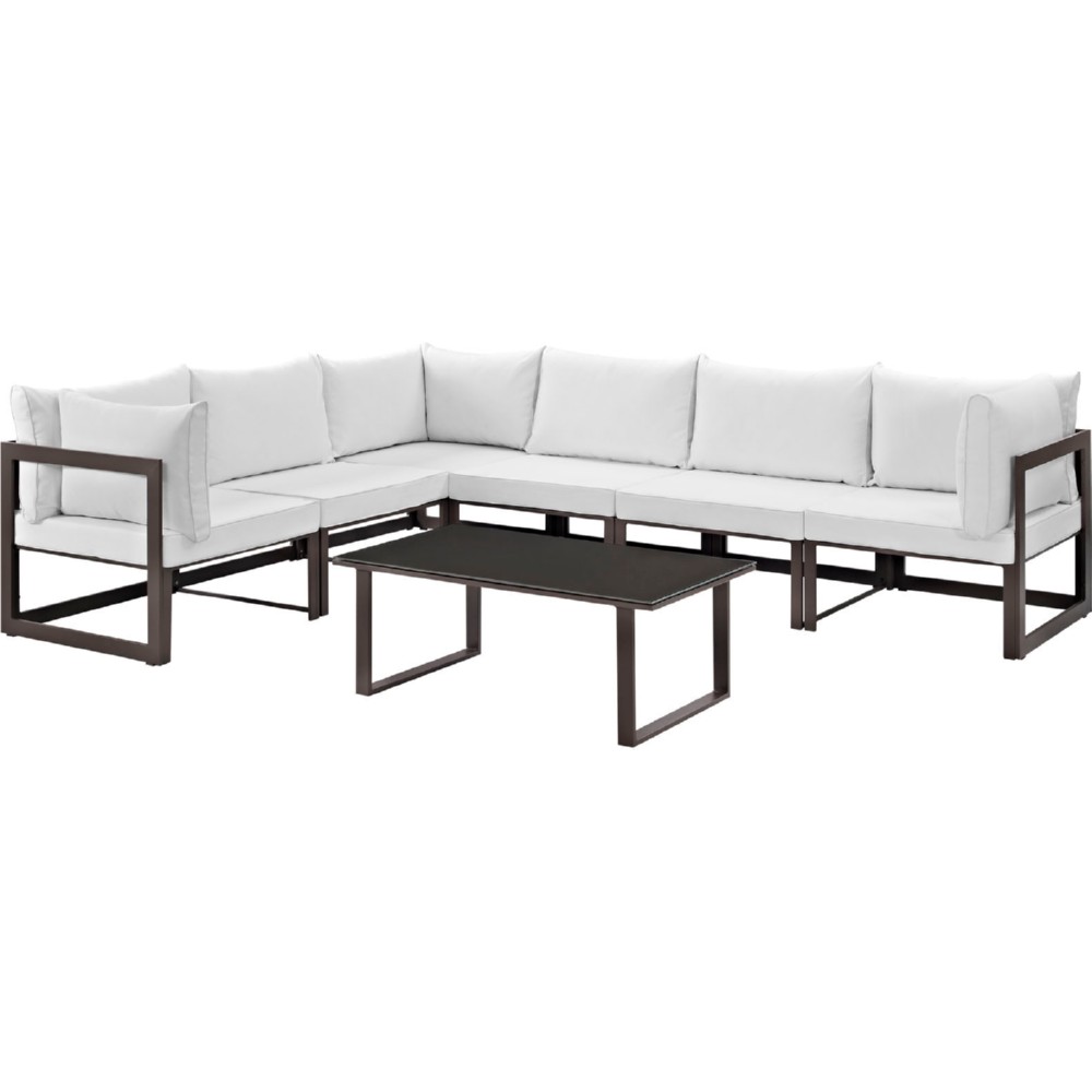 Eastend Eei-1737-brn-whi-set 7 Piece Fortuna Outdoor Patio Sectional Sofa Set, Brown With White Cushions