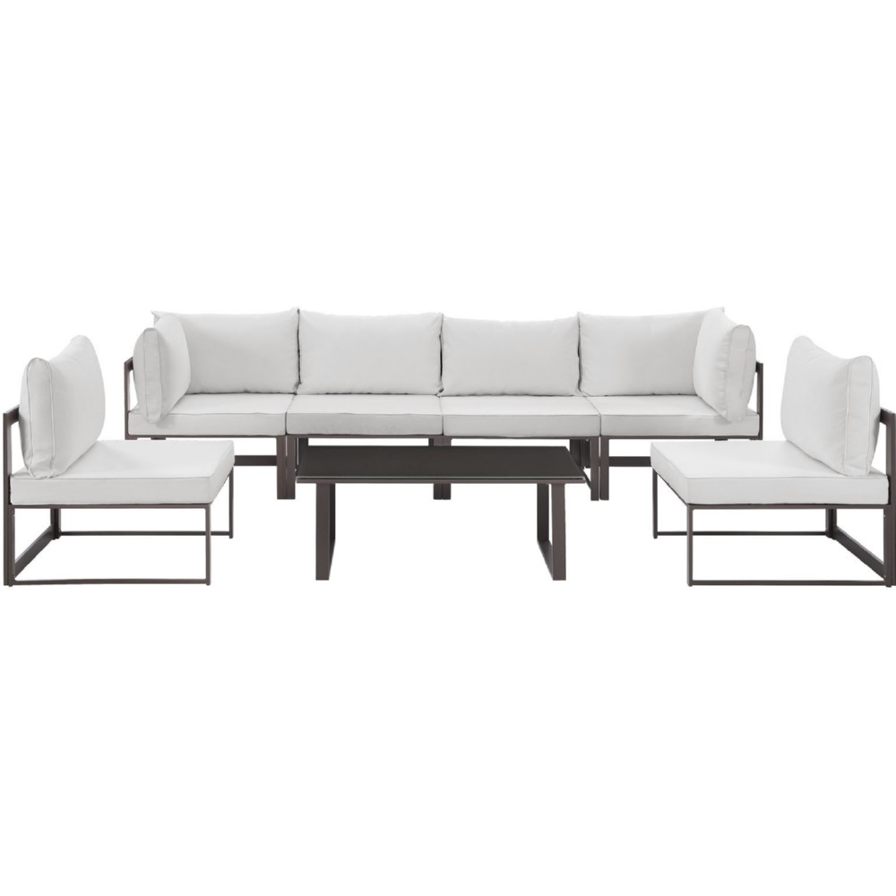 Eastend Eei-1729-brn-whi-set 7 Piece Fortuna Outdoor Patio Sectional Sofa Set, Brown & White Cushions
