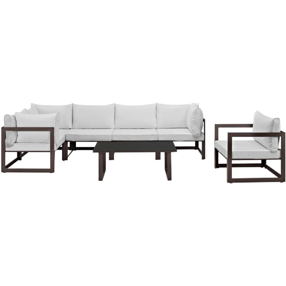 Eastend Eei-1733-brn-whi-set 7 Piece Fortuna Outdoor Patio Sectional Sofa Set In Brown With White Cushions