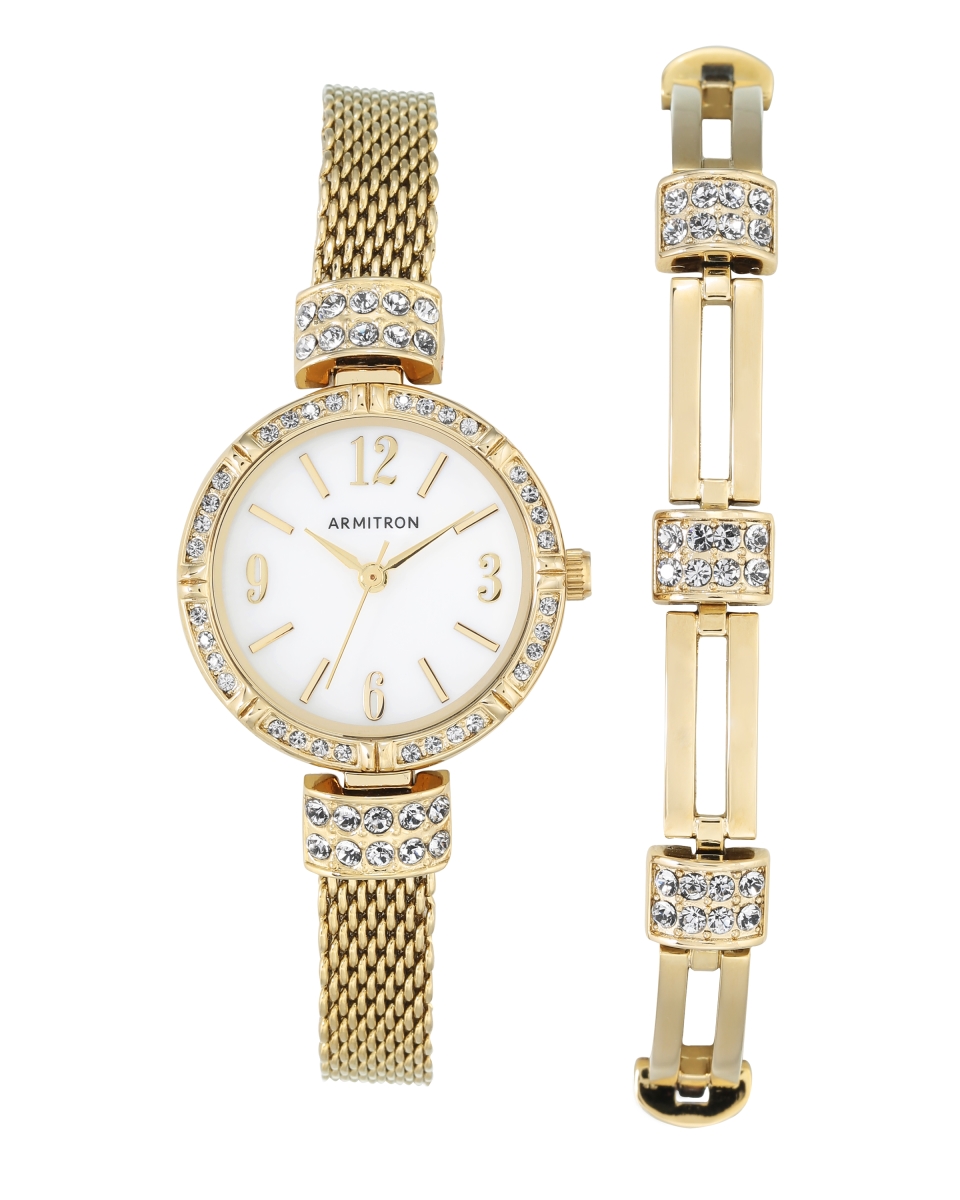 75-5548mpgpst Women Swarovski Crystal Accented Gold Tone Mesh Watch & Bracelet Set