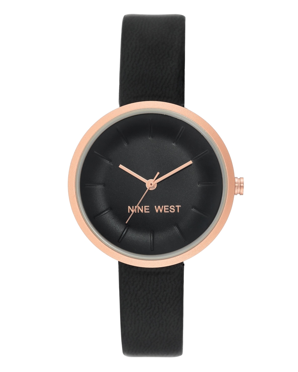 Nw-2366rgbk Women Rose Gold-tone & Black Vegan Leather Strap Watch