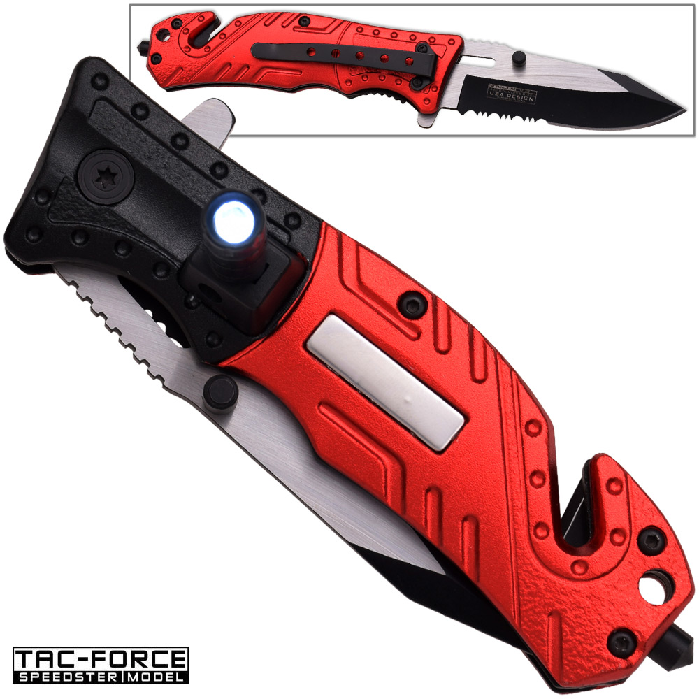 TF-835FD 8 in. TAC Force Firefighter Rescue Flashlight Pocket Knife Spring Assisted Folding, Red