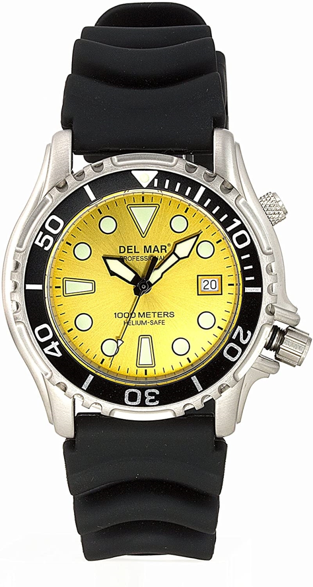 Del Mar 50252 1000m Professional Dive Watch With Helium Valve Yellow Dial & Black Rubber Strap