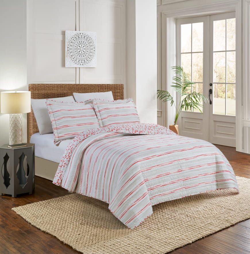 25152003qms-mul-eco Ramona Stripe Reversible 2 & 3 Piece Quilt Set, Pink - Full & Queen Size