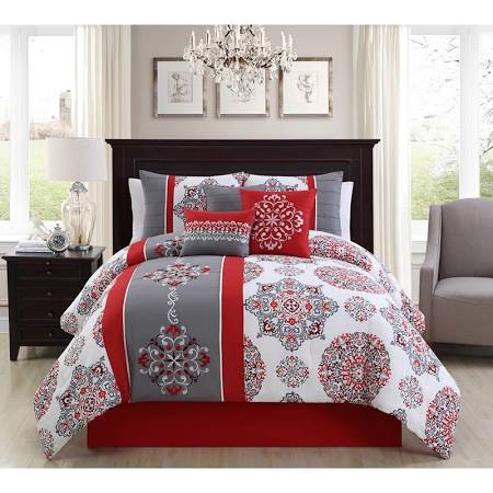 20886queen 7 Pieces Precious Red Embroidery Comforter Set, Queen