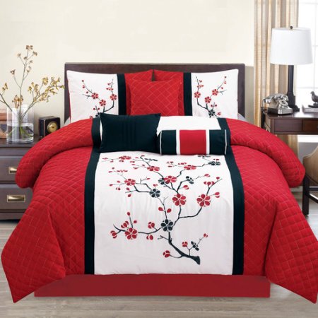 20842queen Sakura Embrodieried, Queen Size Comforter Set - 7 Piece