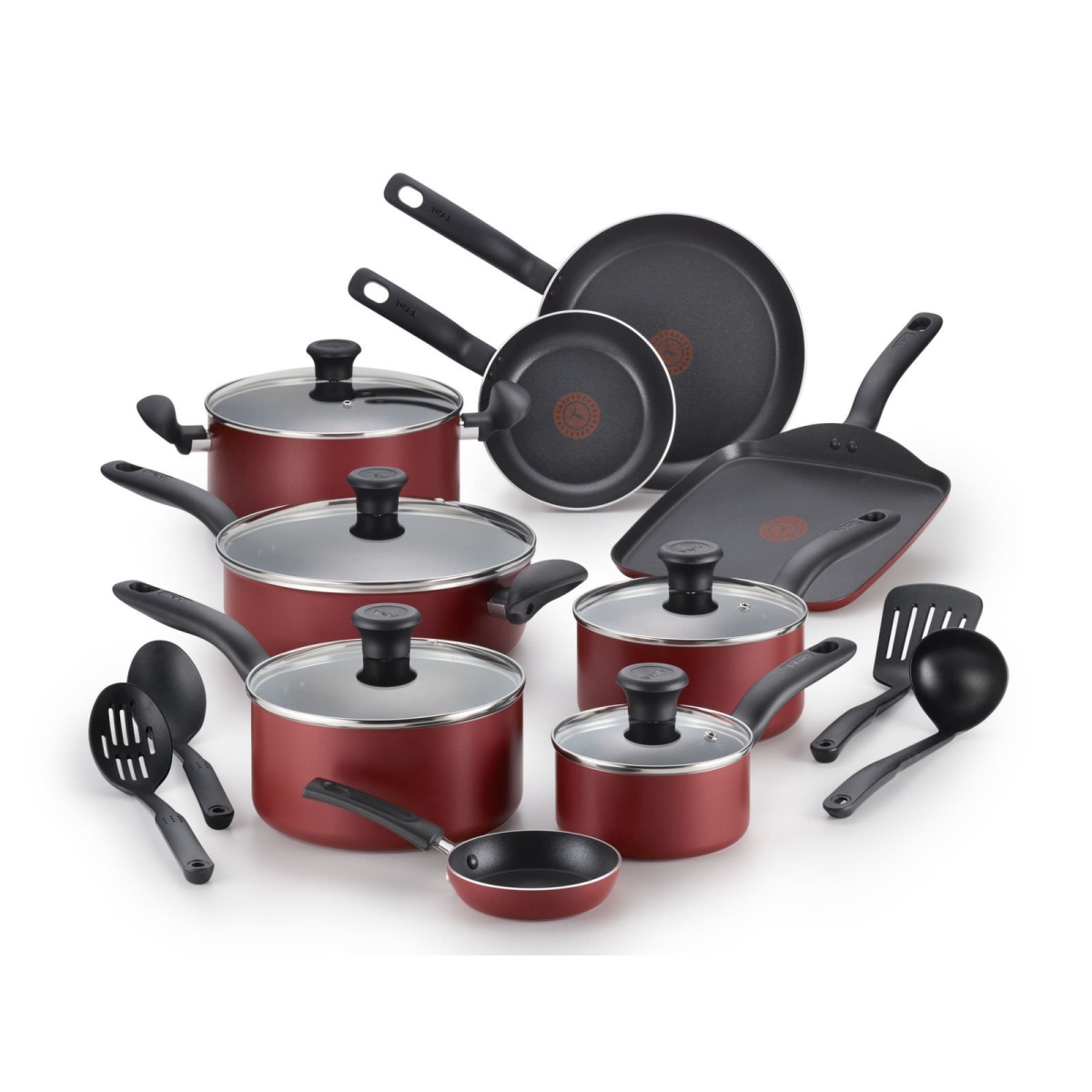 T-fal B209si64 Initiatives Nonstick Cookware Set, Red - 18 Piece