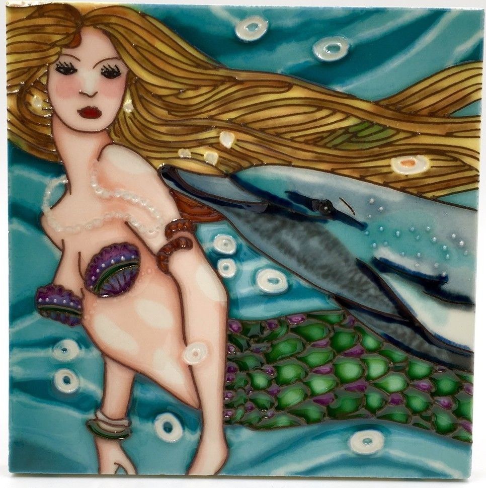 B-421 8 X 8 In. Dolphin Mermaid, Decorative Ceramic Art Tile