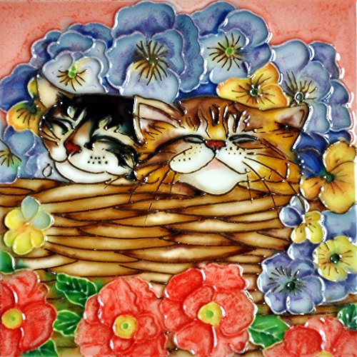 H-34 6 X 6 In. Flower Basket Cat, Decorative Ceramic Art Tile