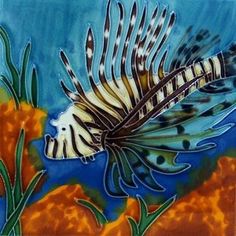 B-411 8 X 8 In. Mermaid Lion Fish, Decorative Ceramic Art Tile