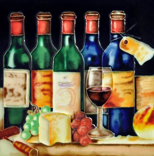 B-336 8 X 8 In. 5 Wine Bottles & Cheese Party, Decorative Ceramic Art Tile